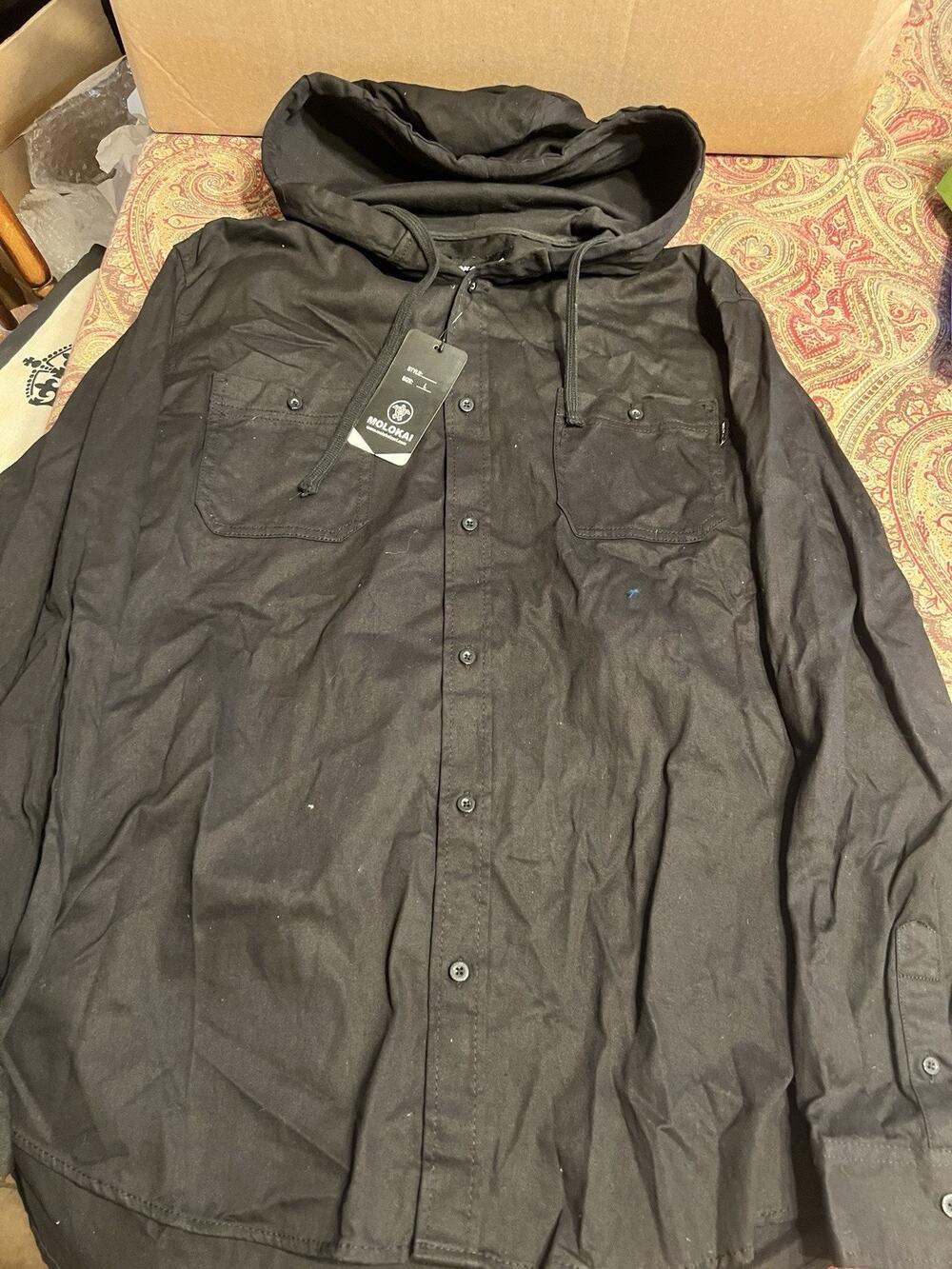 Molokai Surf Black Hooded Shirt Men's Cotton Size L Button Up Long Sleeve
